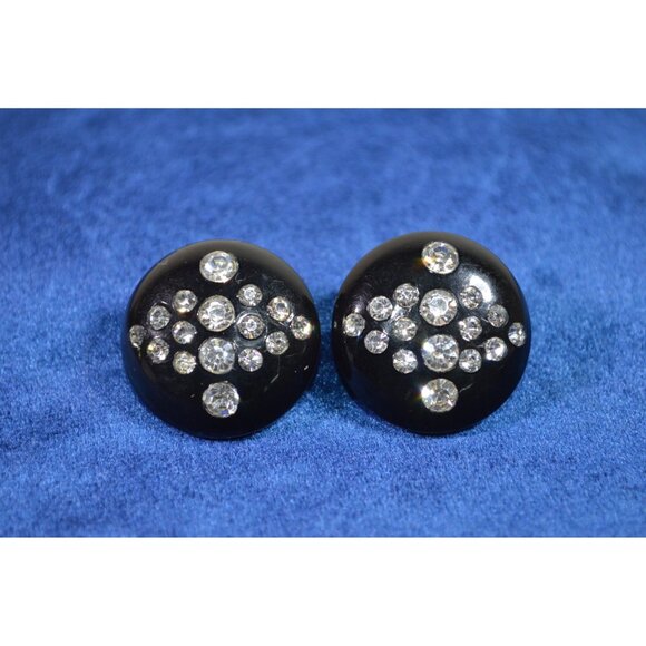 Vintage Black Circle Celluloid Plastic Gemstone Clip On Earrings Rhinestone - Picture 1 of 8